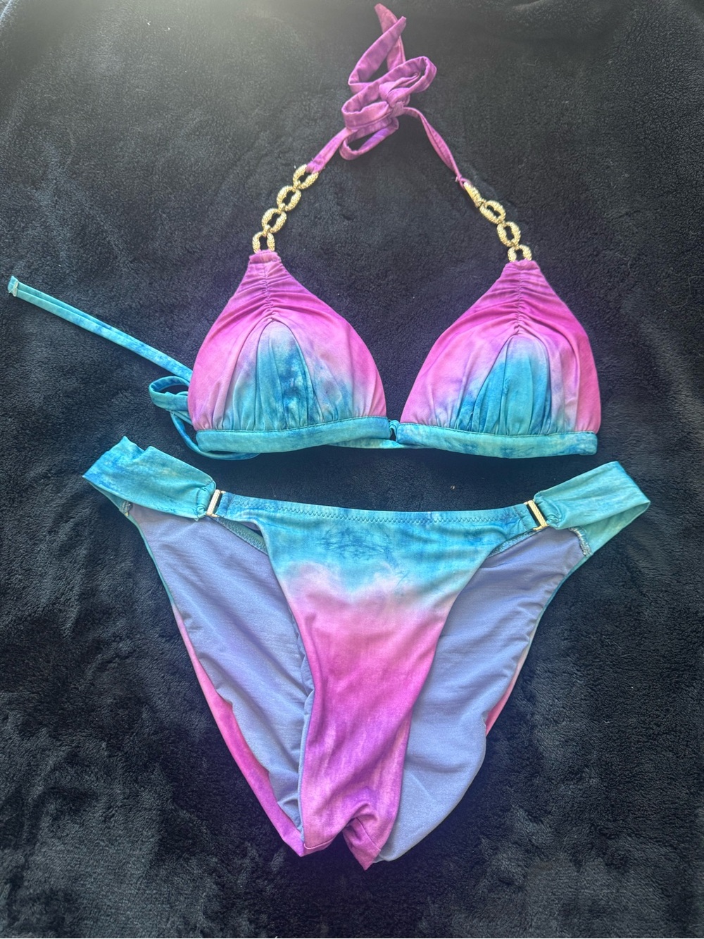 Pink and Teal Ombre Triangle Bikini Set with Gold Chain Accents - Women Swim